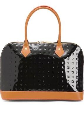 Acadia Italian Black Patent Dome Satchel with Tan Trim